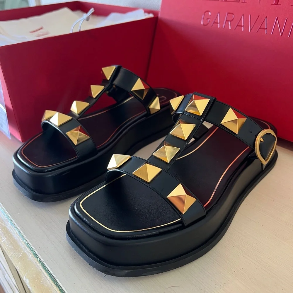 Valentino Black Sandals with Gold Studs - Picture 3 of 8